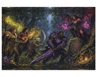 May include: A fantasy art print depicting a group of adventurers in a dark forest. An elf with a staff, a bard playing a lute, a skeleton warrior with a curved blade, a knight in purple glowing armor, and a winged demon with purple magic.
