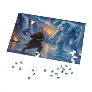 Frost Giant Clash Fantasy Jigsaw Puzzle in Tin, 1000 or 500 Pieces, Viking Berserker vs Ice Giant RPG Gift image 2