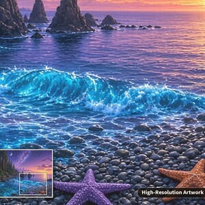 May include: A coastal landscape painting featuring a rocky beach with a purple starfish and an orange starfish in the foreground. A bright blue ocean wave crashes against the shore, while dark rock formations rise from the water under a sunset sky.
