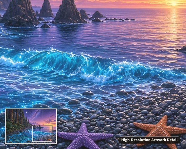 May include: A coastal landscape painting featuring a rocky beach with a purple starfish and an orange starfish in the foreground. A bright blue ocean wave crashes against the shore, while dark rock formations rise from the water under a sunset sky.