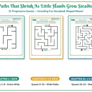 Op de afbeelding: Drie activiteitenpagina's getiteld Paths That Shrink As Little Hands Grow Steadier, met 21 progressieve opdrachten met zwarte doolhoven. Elke pagina toont een padbreedte van 1 inch, 3/4 inch of 1/2 inch voor verschillende vaardigheidsniveaus.