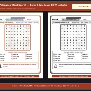 May include: A Dinos & Volcanoes word search puzzle sheet featuring a 9x9 grid titled Rumbling Volcano Peak. The document includes a word bank with terms like Volcano, Magma, and Basalt, plus a bonus story question. Two versions are shown: one with colour accents and one in black and white line art.