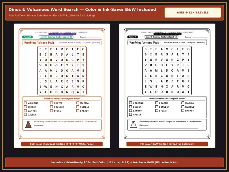 May include: A Dinos & Volcanoes word search puzzle sheet featuring a 9x9 grid titled Rumbling Volcano Peak. The document includes a word bank with terms like Volcano, Magma, and Basalt, plus a bonus story question. Two versions are shown: one with colour accents and one in black and white line art.
