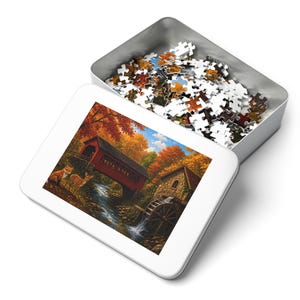 Cozy Cottage Seasons Autumn Bridge Jigsaw Puzzle, Covered Bridge Mill, Tin Box (252 Pieces) imagen 3