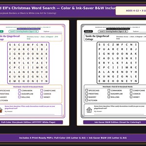 May include: A printable word search activity titled Woodland Elf's Christmas Word Search, featuring a 9x9 letter grid titled Inside the Gingerbread Cottage, a word bank with ten holiday-themed words, and a bonus story question for ages 4-12.