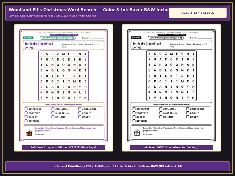 May include: A printable word search activity titled Woodland Elf's Christmas Word Search, featuring a 9x9 letter grid titled Inside the Gingerbread Cottage, a word bank with ten holiday-themed words, and a bonus story question for ages 4-12.