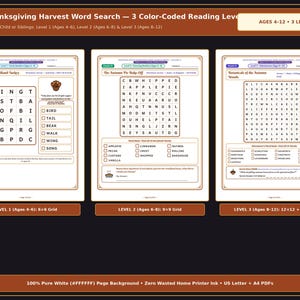 May include: A set of three Thanksgiving-themed word search activity sheets titled Cozy Thanksgiving Harvest Word Search. The pages feature three distinct difficulty levels for ages 4-12, including 6x6, 9x9, and 12x12 grids with word lists and riddles.