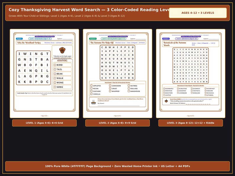 May include: A set of three Thanksgiving-themed word search activity sheets titled Cozy Thanksgiving Harvest Word Search. The pages feature three distinct difficulty levels for ages 4-12, including 6x6, 9x9, and 12x12 grids with word lists and riddles.
