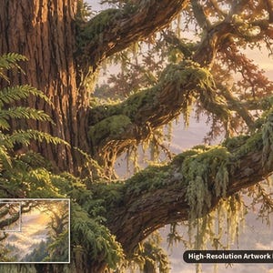 May include: A detailed digital painting of a moss-covered tree trunk and branches extending over a misty mountain valley at sunrise. The bark is textured and brown, with vibrant green moss and ferns. Text reads High-Resolution Artwork Detail.
