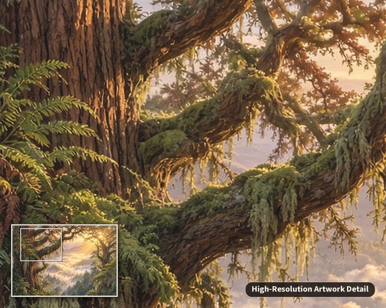 May include: A detailed digital painting of a moss-covered tree trunk and branches extending over a misty mountain valley at sunrise. The bark is textured and brown, with vibrant green moss and ferns. Text reads High-Resolution Artwork Detail.
