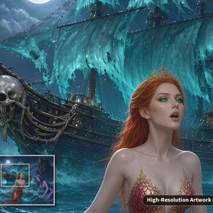 May include: A digital illustration featuring a red-haired mermaid with green eyes wearing a gold crown, positioned in front of a dark, ghostly pirate ship with tattered teal sails and a large skull figurehead under a full moon.
