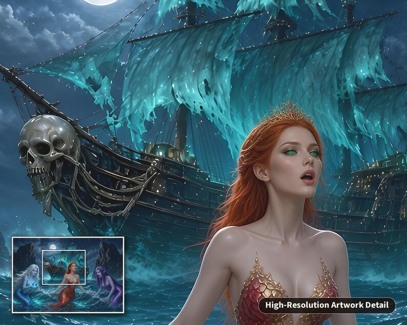 May include: A digital illustration featuring a red-haired mermaid with green eyes wearing a gold crown, positioned in front of a dark, ghostly pirate ship with tattered teal sails and a large skull figurehead under a full moon.
