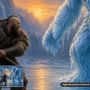 May include: A digital illustration depicting a bearded warrior with a braided hairstyle wearing fur-lined clothing, holding a wooden staff, facing a towering, translucent blue ice creature in a snowy mountain landscape at sunset.
