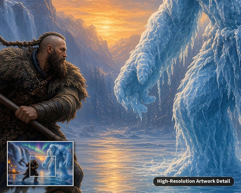 May include: A digital illustration depicting a bearded warrior with a braided hairstyle wearing fur-lined clothing, holding a wooden staff, facing a towering, translucent blue ice creature in a snowy mountain landscape at sunset.