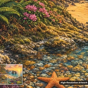 May include: A detailed landscape painting featuring a vibrant orange starfish resting on a bed of smooth, multicolored river stones. The scene includes lush green ferns, bright pink flowers, and a coastal shoreline with a sunset horizon.