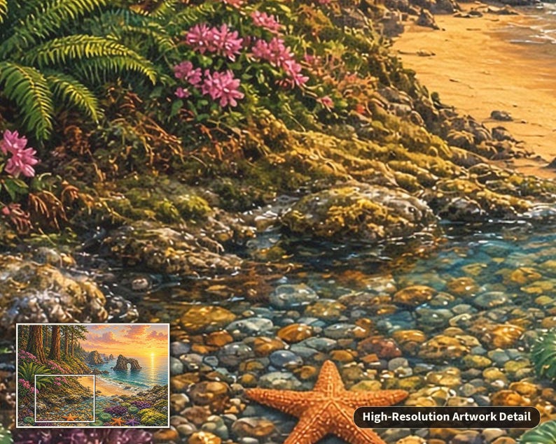 May include: A detailed landscape painting featuring a vibrant orange starfish resting on a bed of smooth, multicolored river stones. The scene includes lush green ferns, bright pink flowers, and a coastal shoreline with a sunset horizon.