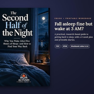 May include: A digital book cover titled The Second Half of the Night, featuring a dark bedroom with a bed, a digital clock showing 3:17, and a window view of a full moon. Text includes: Fall asleep fine but wake at 3 AM? Ebook, printable workbook, PDF, EPUB.