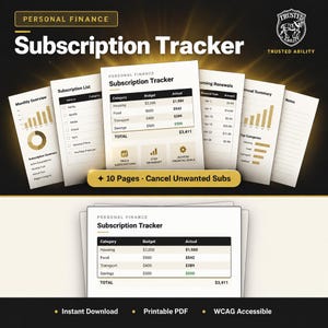 May include: A digital personal finance subscription tracker template featuring multiple pages with charts, tables, and lists. The documents display text including Subscription Tracker, Monthly Overview, and 10 Pages - Cancel Unwanted Subs.