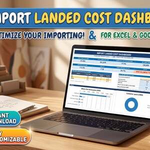 May include: A laptop displaying an Import Landed Cost Dashboard spreadsheet for Excel and Google Sheets. The screen shows data tables, a bar chart titled Where the money goes, and a donut chart labeled Container space. Text reads Instant Download.