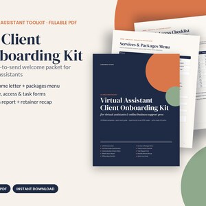Onboardingpakket voor virtuele assistenten, welkomstpakket voor VA's, invulbaar PDF-intakeformulier voor klanten, taakverzoek en wekelijks urenrapport.