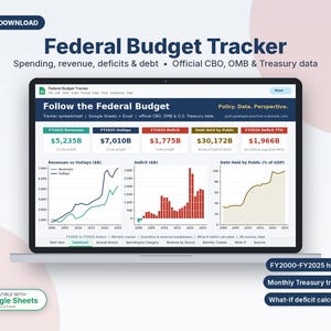 May include: A digital Federal Budget Tracker spreadsheet displayed on a laptop screen. The interface shows financial data including revenues, outlays, deficits, and debt, with charts visualizing trends from 2000 to 2025 using official government data.