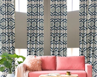 Drapery loft blue geometric modern curtains 2 panels any length extra long luxury drapes 2-30 feet long 25-100 inch wide