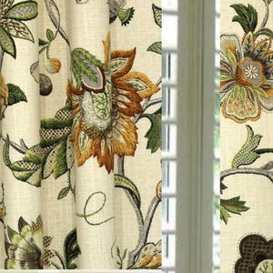Custom Linen Blend Curtains Kaufman Brissac Amber Floral Drapes, Any length, Extra long or small cafe panels..