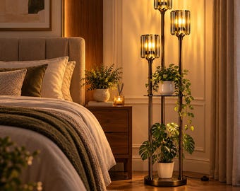 Black Crystal Floor Lamp with Shelves, 67 Inch Tall Tree Lamp, 3 Light Modern Standing Lamp for Living Room and Bedroom