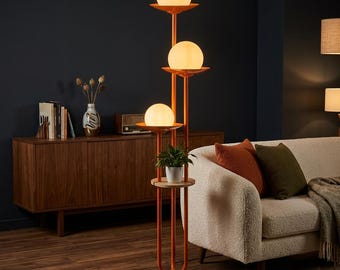 Mid Century Modern Orange Globe Floor Lamp with Shelf, 3 Light Dimmable Standing Lamp, Modern Living Room Lighting