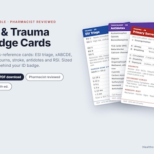 ER Nurse Badge Cards, Emergency Trauma Nursing Cheat Sheet, Printable PDF: 14 Pharmacist-Reviewed Quick-Reference Cards (ATLS 11th ed.)