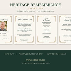 May include: A four-page funeral program template set featuring an ivory background with gold geometric borders. The text includes In Loving Memory, A Life Beautifully Lived, Order of Service, and Thank You, with a placeholder photo of a man.
