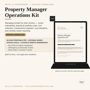 May include: A digital Property Manager Operations Kit featuring a 26-page printable PDF, editable Word and Google Docs files, and 3 Google Sheets workbooks. The kit includes a rent roll, portfolio dashboard, and tracking tools for property management.