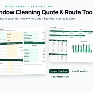 Pode incluir: Um kit de ferramentas digital para orçamentos e rotas de limpeza de vidros com calculadora e painel de controlo. A interface inclui tabelas de dados, preços e um gráfico de barras. O texto inclui: Excel, Google Sheets, Printable PDF, Instant download.