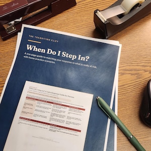 May include: A stack of printed documents titled The Transition Cliff: When Do I Step In? with a green pen, a maroon Swingline stapler, and a black tape dispenser. The top document features a table titled When Do I Step In? A Calm Response Guide for Parents.