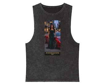 May include: A charcoal grey acid-wash sleeveless tank top featuring a rectangular graphic print. The print shows a person in a dark green gown standing next to a red sports car at night, with text below reading: Some trust in chariot and some in horses but we will remember the name of the LORD our God Psalm 20:7.