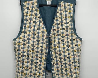Vintage Susan Bristol Casuals Woven Basketweave Floral Blue Vest Womens 3W