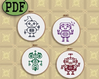 Little Robot Cross Stitch Pattern Bundle, One Color Cross Stitch Pattern, Simple Cross Stitch Pattern - Digital Download PDF File