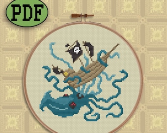 Kraken Cross Stitch Pattern, Pirate Ship Cross Stitch Pattern, Nautical Cross Stitch Pattern, Pirate Counted Cross Stitch Pattern