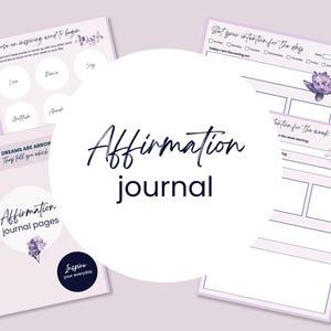 Pode incluir: Um conjunto de páginas de diário imprimíveis com detalhes em roxo claro e ilustrações florais. As páginas incluem seções para intenções diárias, metas semanais e palavras inspiradoras, com o texto Affirmation journal.