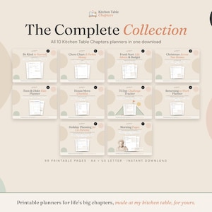 Peut inclure: Une collection numérique de 10 planificateurs imprimables intitulée The Complete Collection par Kitchen Table Chapters. Comprend 88 pages aux formats A4 et US Letter. Présente des couvertures individuelles pour les tâches, la vie et le suivi.
