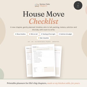 Op de afbeelding: Een printbare House Move Checklist planner met 23 pagina's in A4-formaat. Het document bevat secties voor een verhuistijdlijn, contactpersonen, inpakken, budget en een checklist voor kinderen met ruimte voor eigen notities.