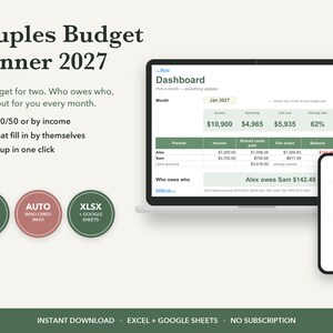 Couples Budget Spreadsheet 2027 Google Sheets Excel, Shared Expense Tracker, Split Bills, Settle Up