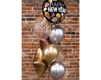 Happy New Year Star Balloon Bouquet - confetti balloon bundle rose gold silver black metallic NYE party ideas decorations New Years Eve