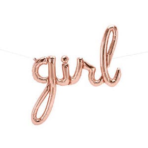 May include: Rose gold foil balloon spelling out the word "girl".