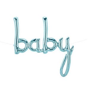 May include: Light blue foil balloon letters spelling out the word "baby".