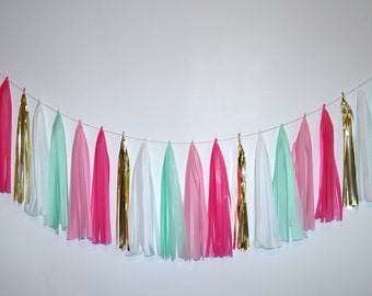 Mint pink white and gold tassel garland