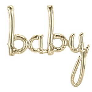 May include: Gold foil balloon letters spelling out the word "baby".