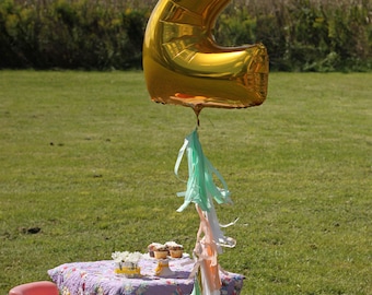 Jumbo Number Balloon with tassels - birthday milestone gold silver tassel garland mylar balloon