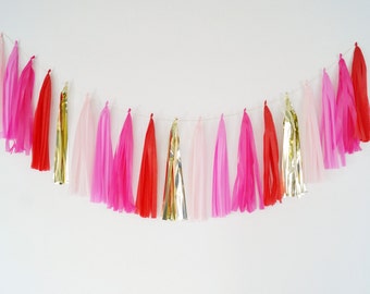 Valentine's Day tassel garland red hot pink bright pink light pink gold Galentine's Day