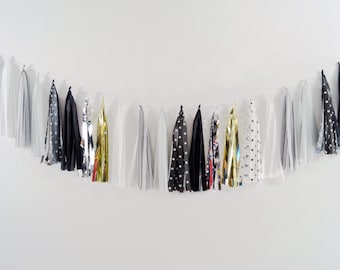 Monochromatic Tassel Garland black white grey polka dot stripe metallic gold silver